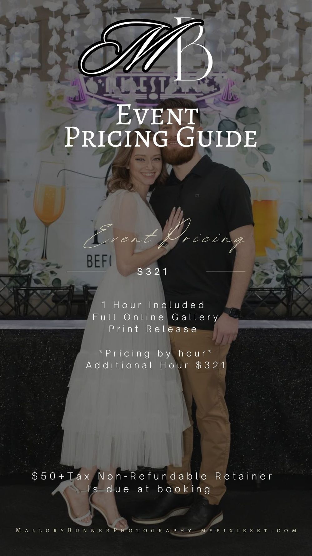 MB Photography event pricing guide showing couples photography packages starting at $321 per hour with full online gallery included.