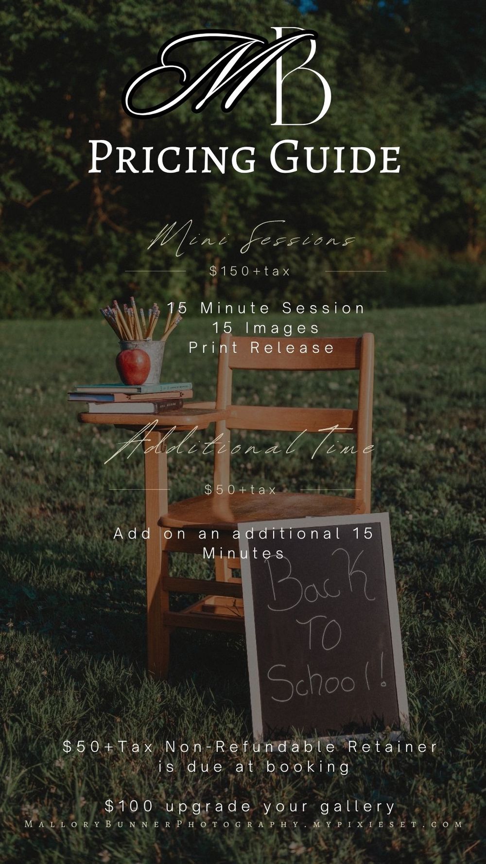 MB Photography pricing guide for mini sessions starting at $150, featuring a wooden school chair with a Back to School chalkboard sign.