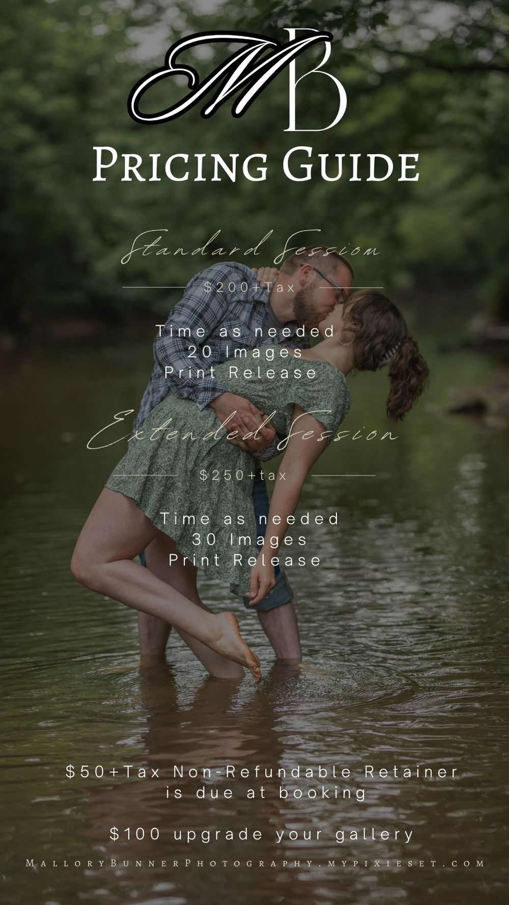 MB Photography pricing guide showing couples session packages starting at $200, featuring a romantic couple embracing in a shallow stream.