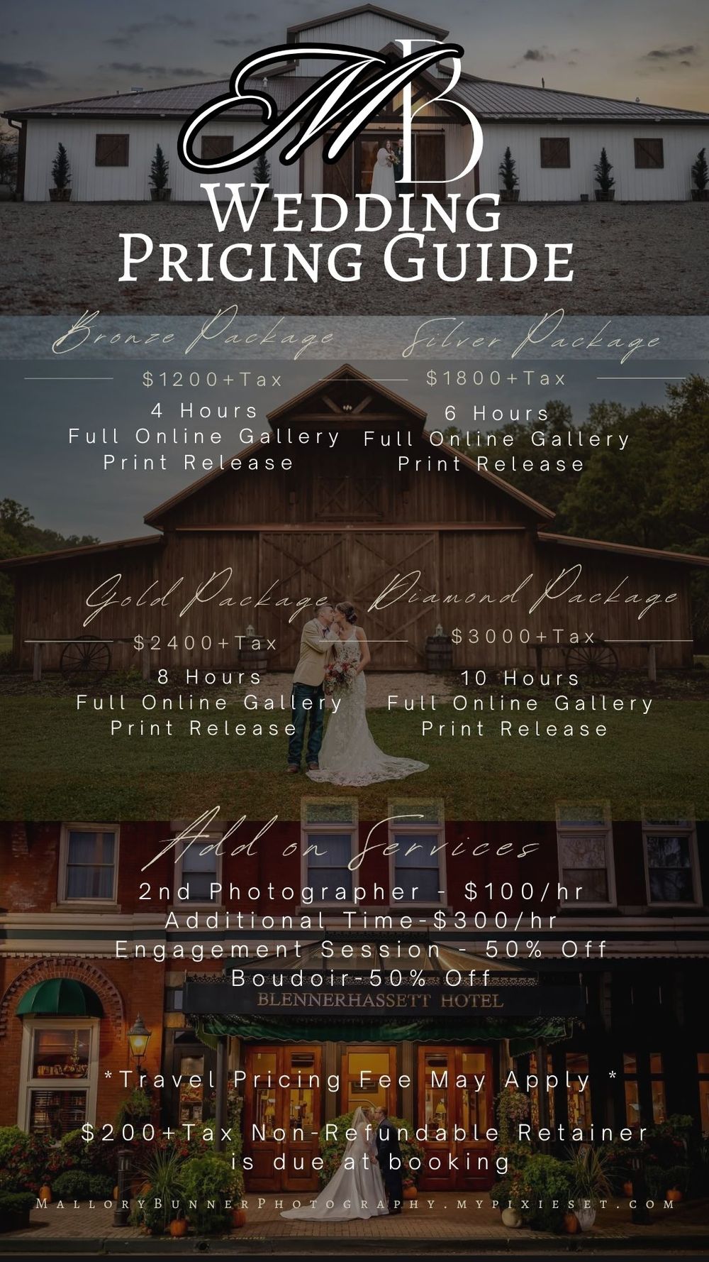 Wedding photography pricing guide showing bronze,silver,gold,diamond packages ranging from $1200 to $3000 plus tax with add-on services.