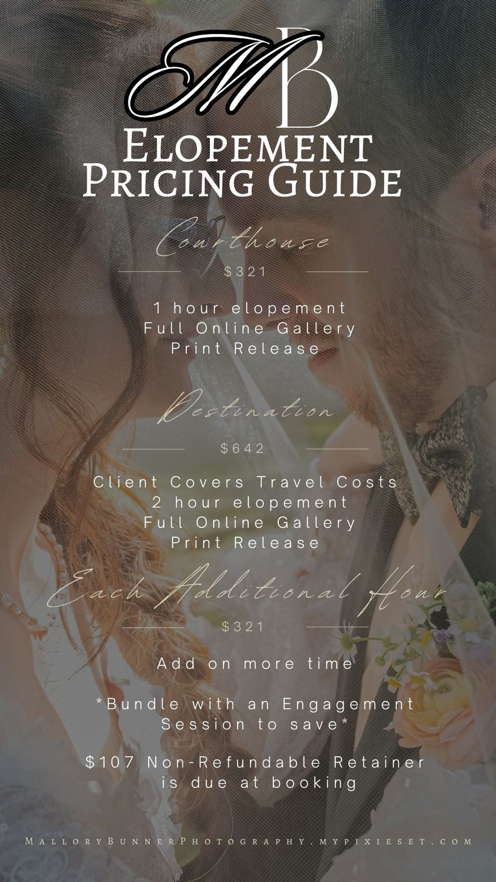 Elopement pricing guide for MB Photography featuring courthouse and destination packages starting at $321 with full online gallery.