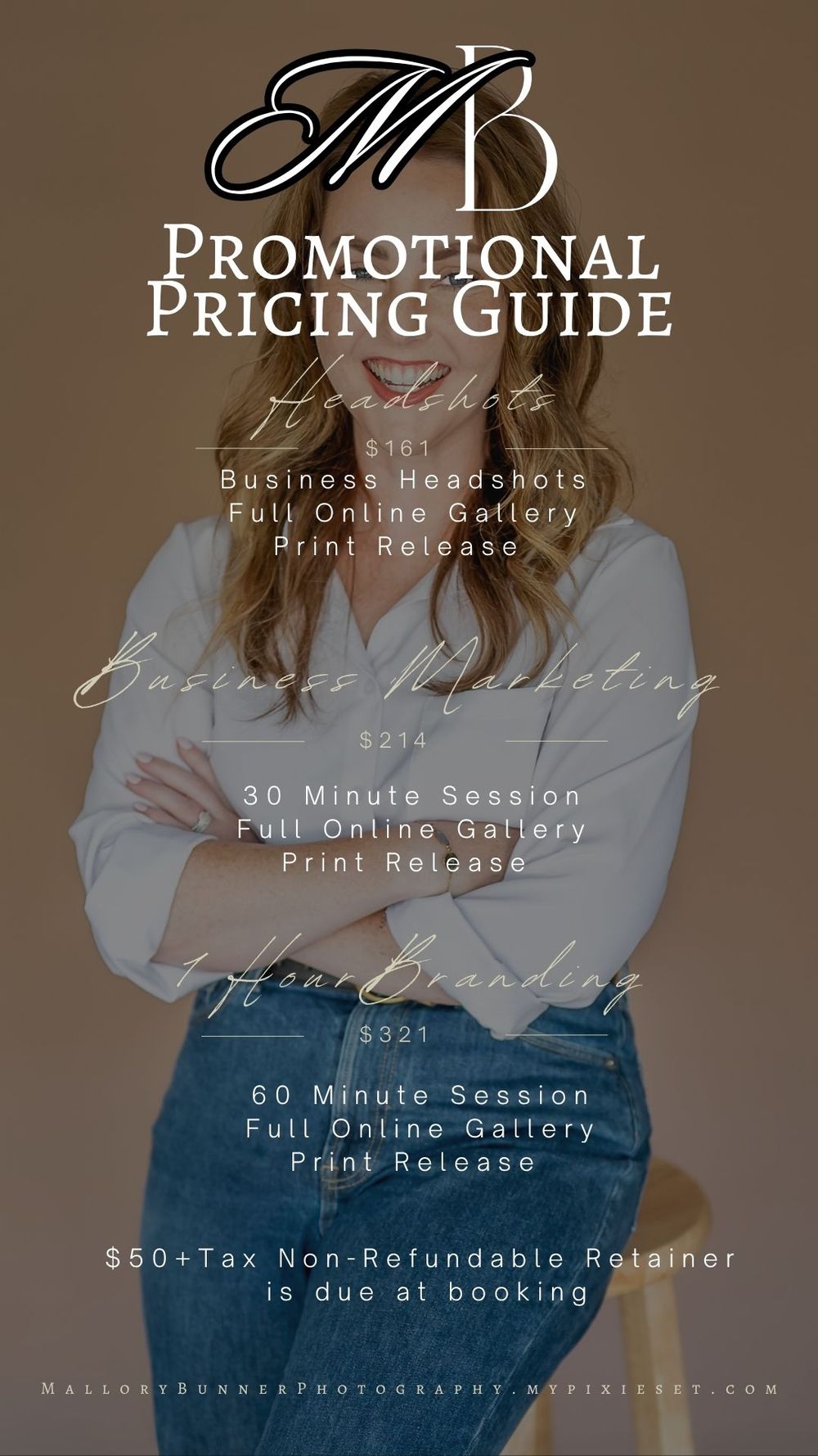 Promotional pricing guide for MB Photography featuring headshots and branding sessions with a woman in a white blouse posing professionally.