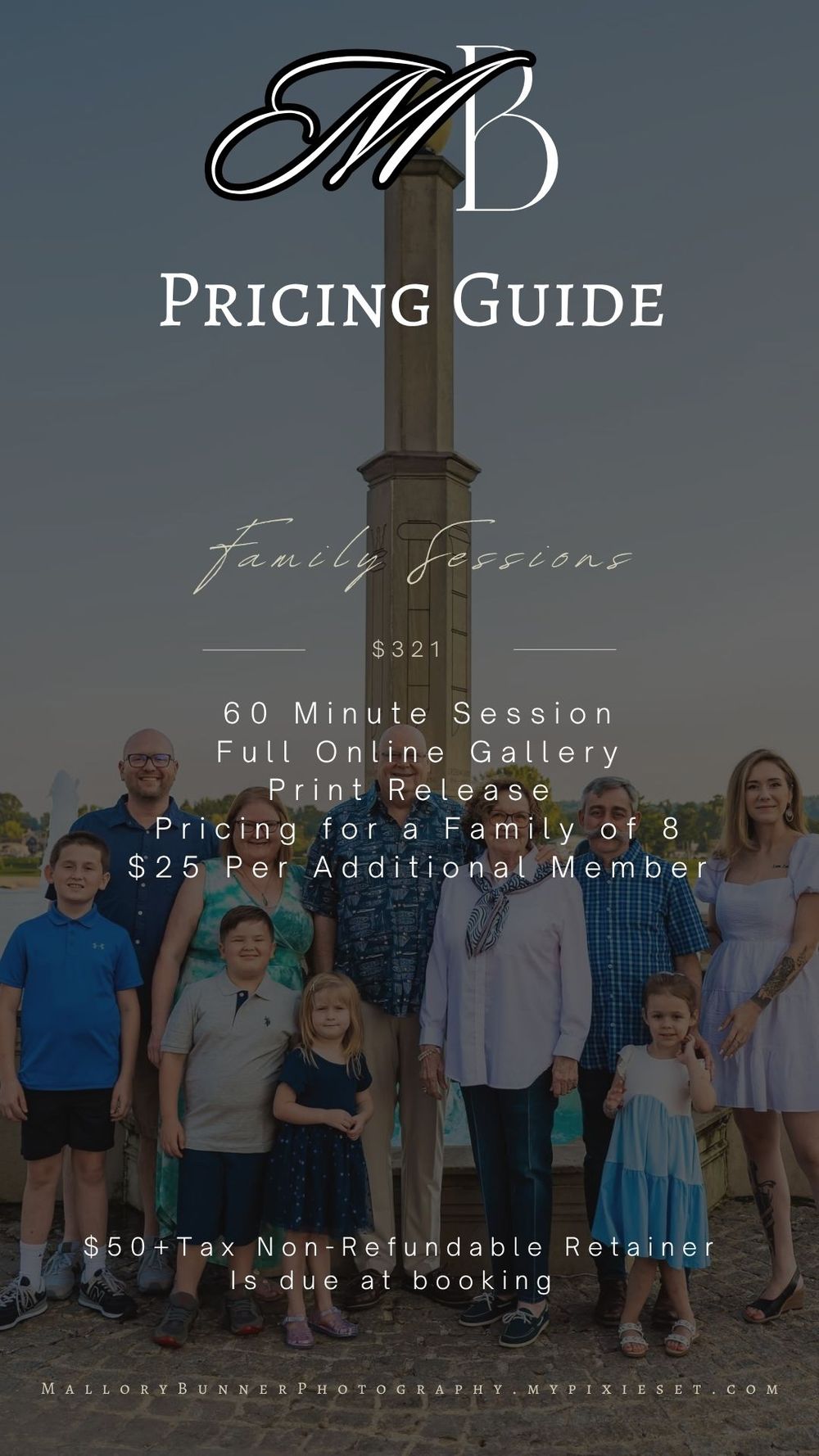 MB Photography pricing guide for family sessions at $321, including 60-min session, online gallery, and print release.