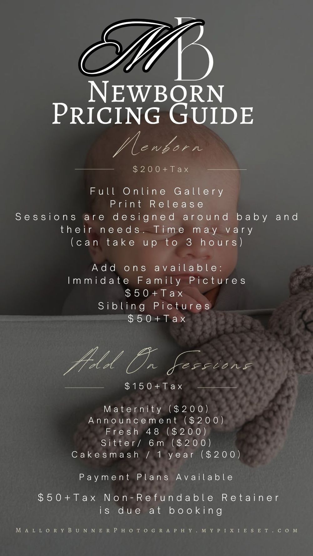 Newborn photography pricing guide showing packages starting at $200 with a sleeping baby wrapped in a knit blanket.