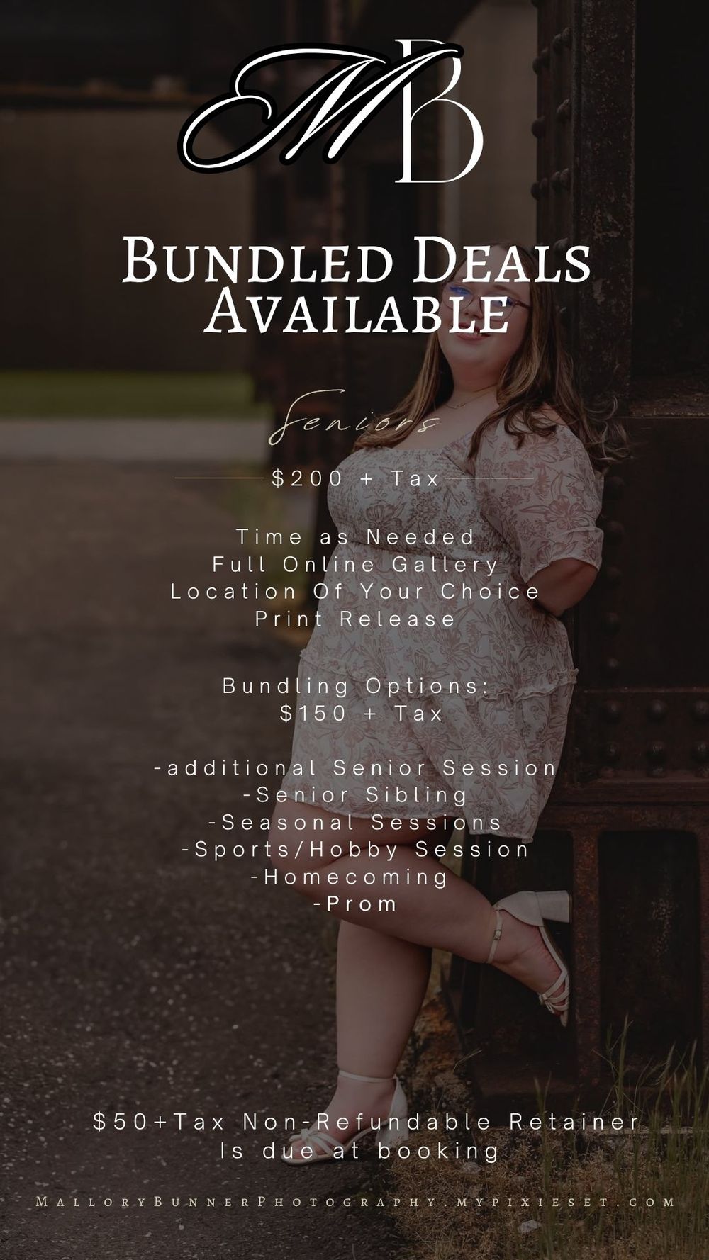 Photography studio promotional flyer showing senior portrait bundled deals starting at $200 plus tax with print release included.