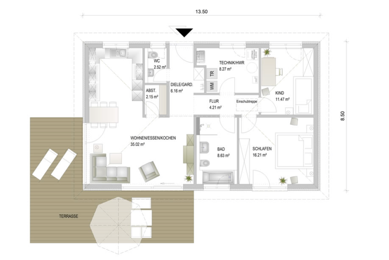 Architectural floor plan showing multiple room layouts with furniture placement and dimensions in a modern design style.