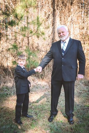 A series of outdoor photos showing interaction between two people in formal attire against a natural backdrop.