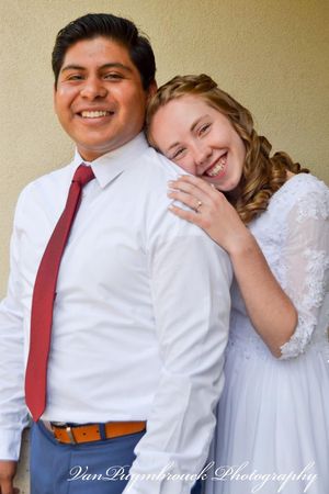 A couple in formal white attire share a tender moment in a sequence of four connected photos.