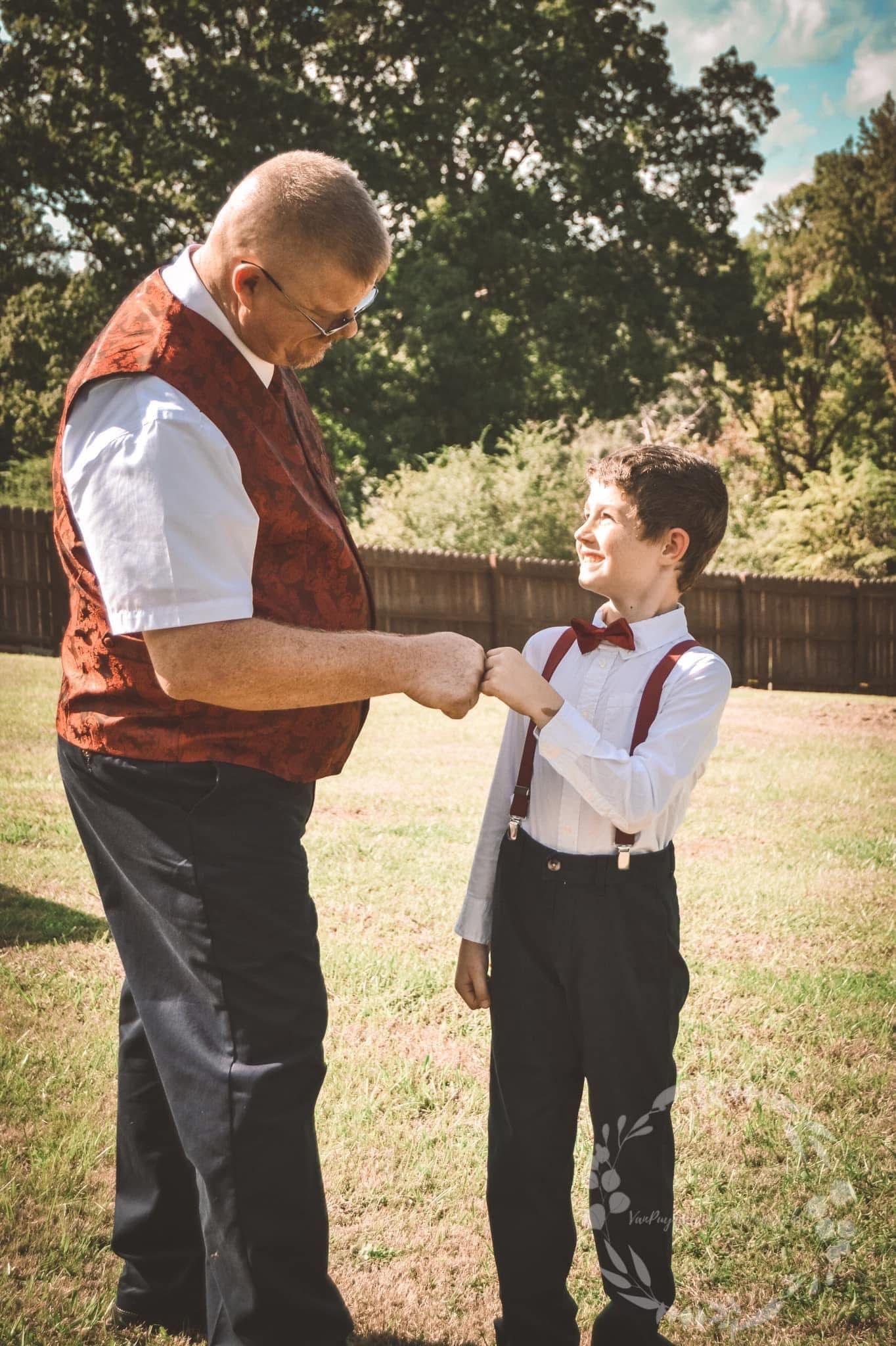 A series of photos showing someone helping adjust a young person's formal attire in an outdoor setting.