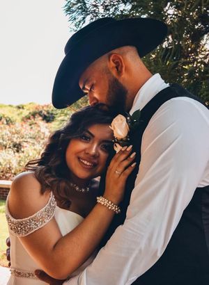 A romantic wedding photoshoot series showing intimate moments between a couple in formal attire against a natural backdrop.