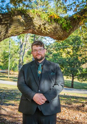 A figure in a dark suit stands under a large tree branch in a sunny outdoor park setting.