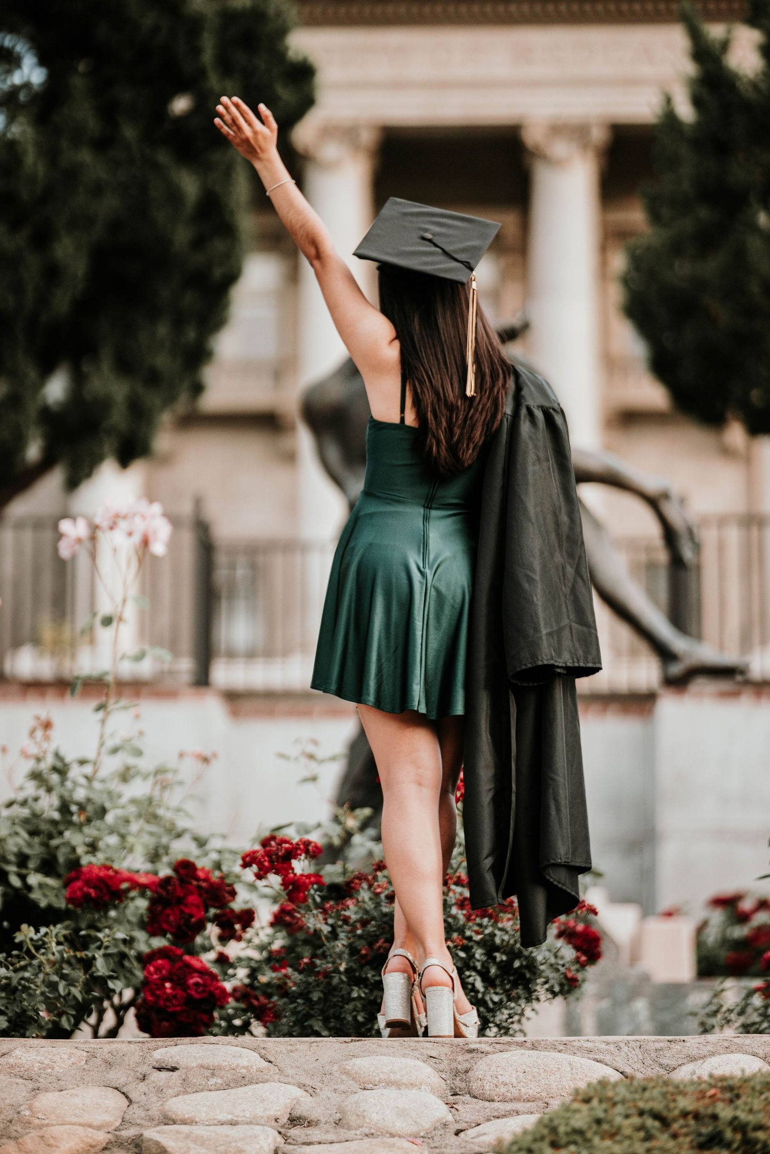 Graduate in dark gown stands among blooming flowers during outdoor graduation portraits.
