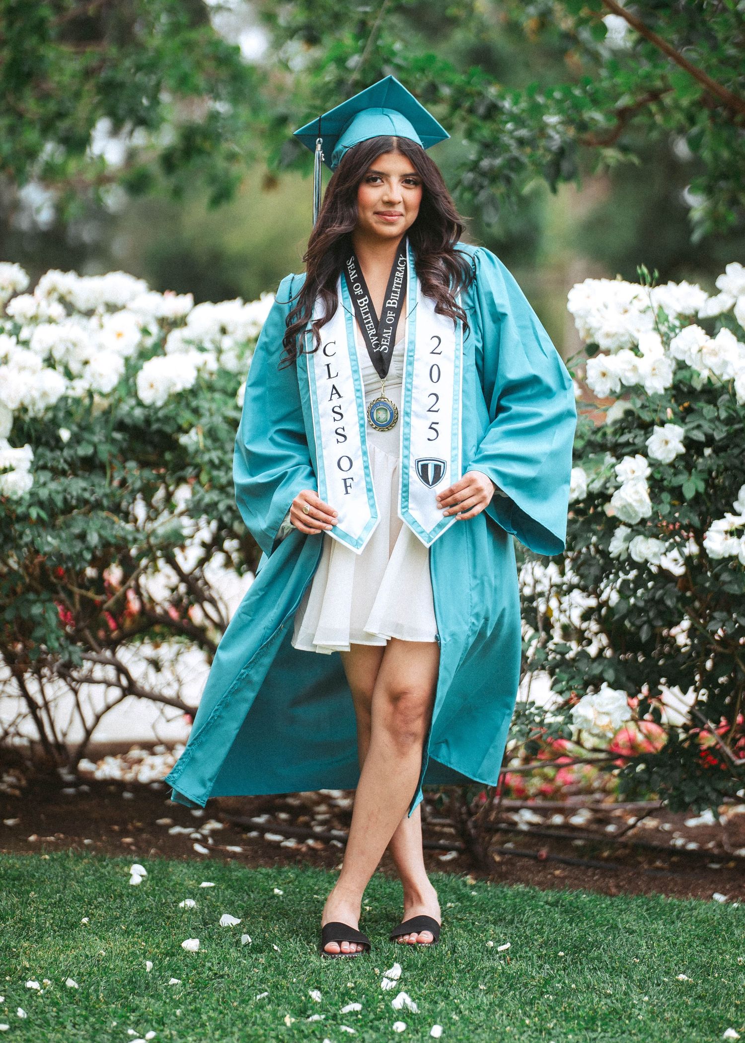 Graduate in turquoise graduation gown and white stole poses in garden setting with blooming white flowers.