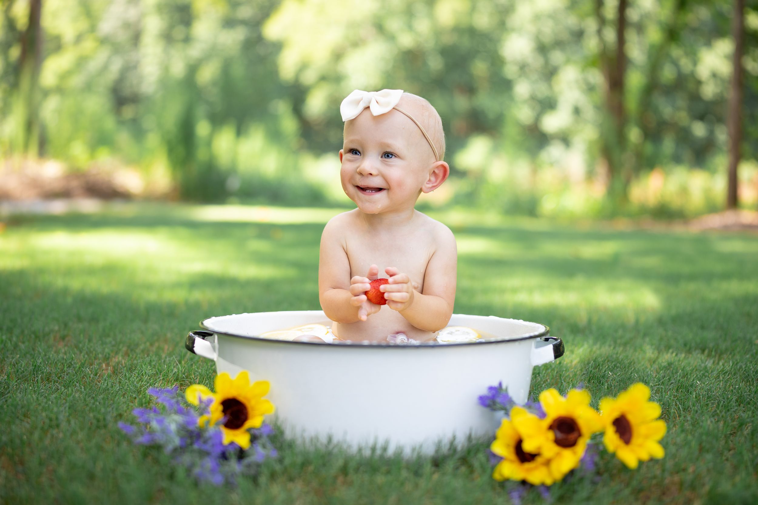 Sunflowers surround a white antique wash basin in a sunny outdoor garden setting.