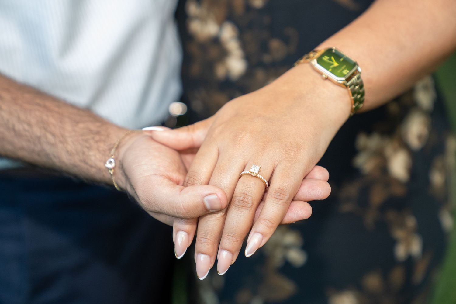 Close-up photo series showing engagement ring details and hand poses against a dark background.