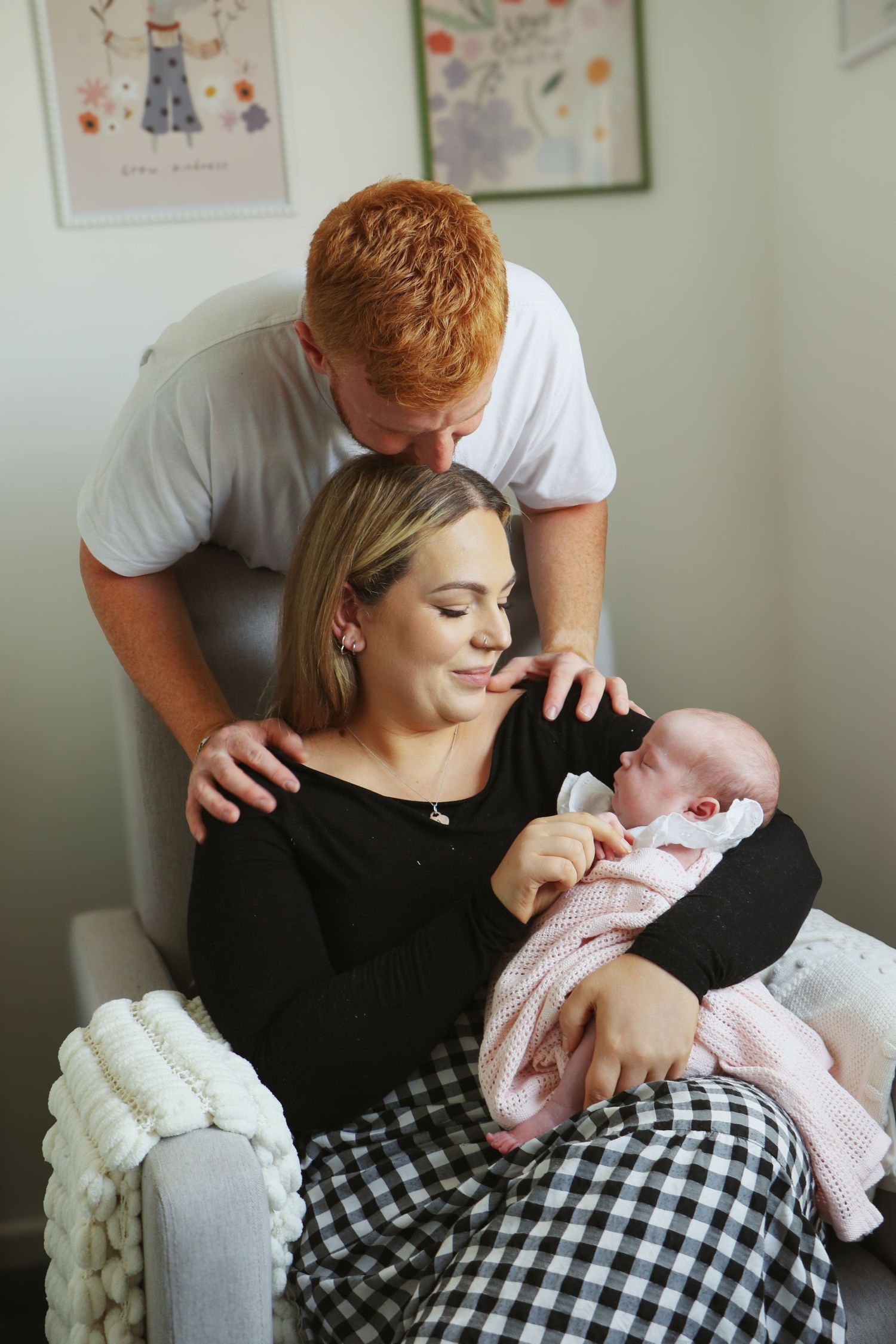 A tender family moment captured in a series of photos showing parents bonding with their newborn baby in a cozy home setting.
