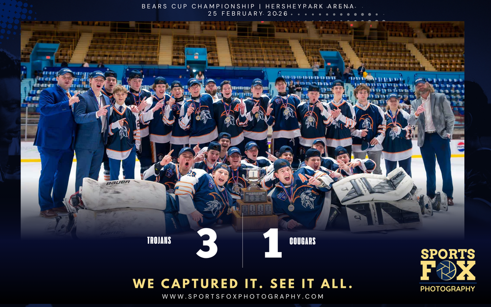 Hershey Trojans hockey team celebrates Bears Cup Championship win with trophy and medals by SportsFox Photography, Hershey PA.