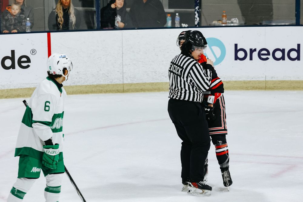 Hockey players on ice rink with referee during game action with white and green jerseys visible.