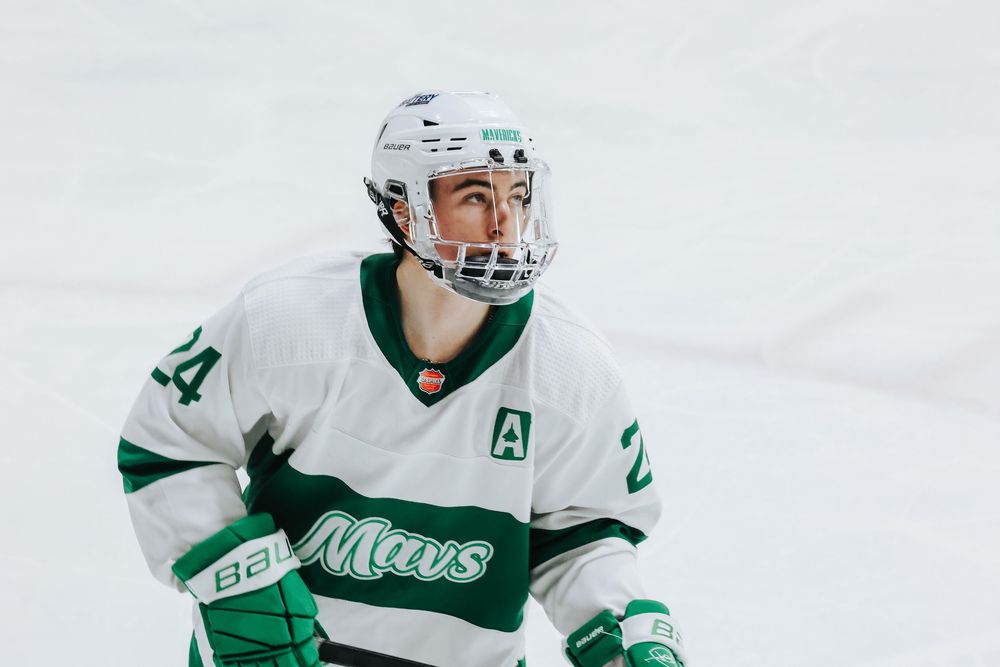 NHL hockey player wearing a white Dallas Stars jersey with number 14 skates during a game.