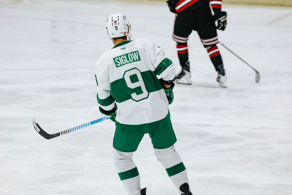 Hockey players in green and white jerseys compete on an ice rink during a game.