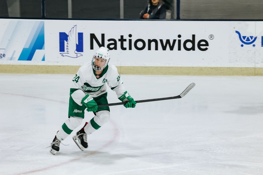 NHL hockey player in a Minnesota Wild green and white jersey skates on ice during a game.