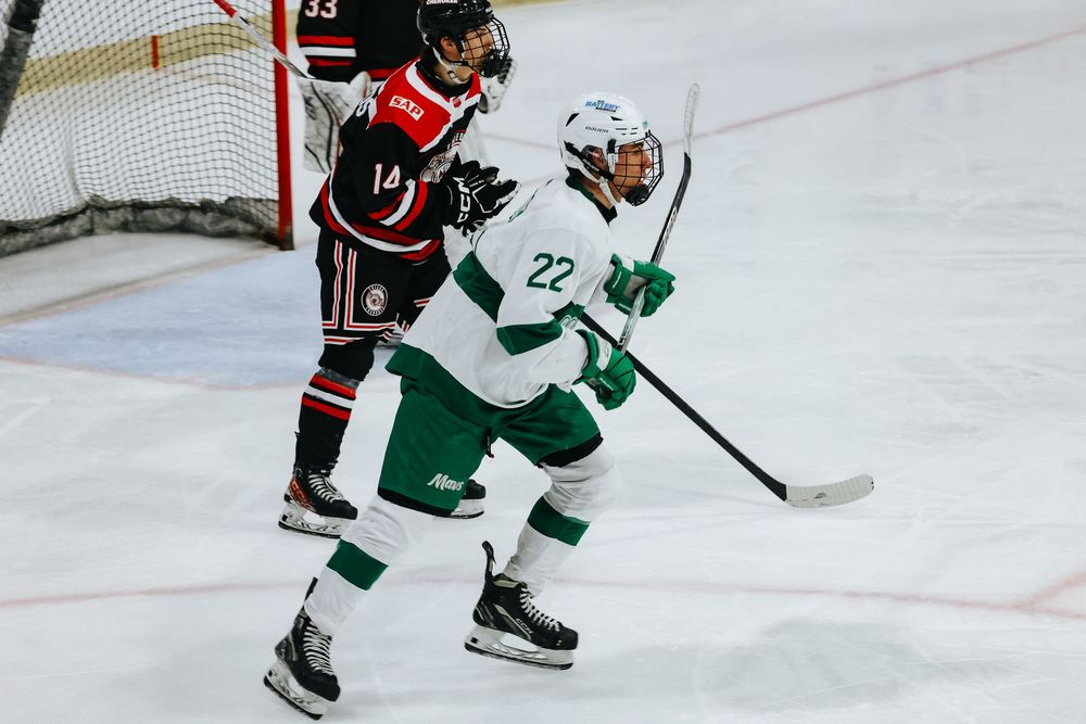 Hockey players in white and green uniforms skating on ice during a competitive match.
