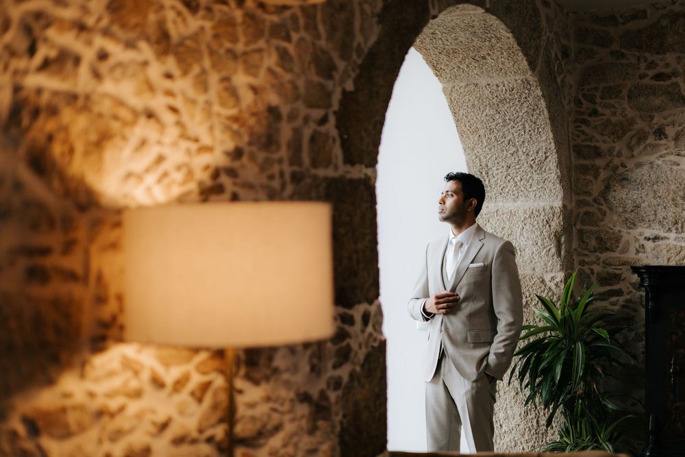 groom portrait destination wedding ceremony in Portugal