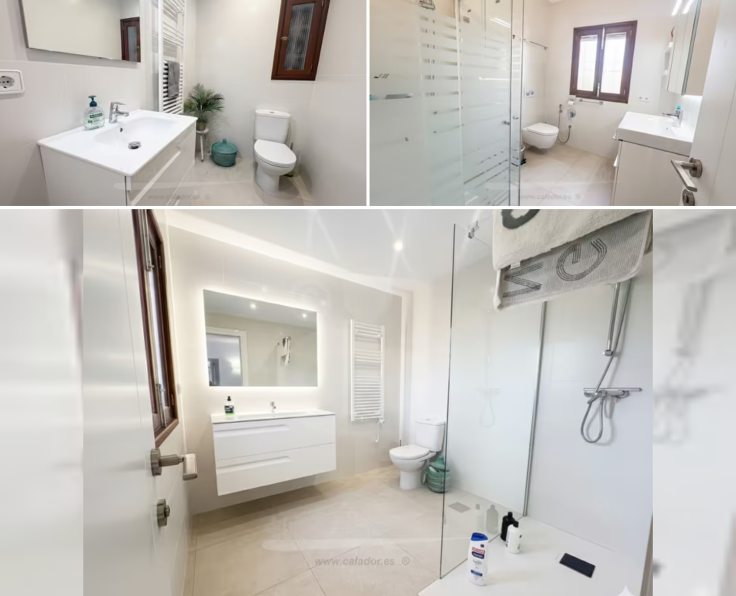 A series of interior home photos showing white walls, wooden doors, and windows in a hallway or room setting.