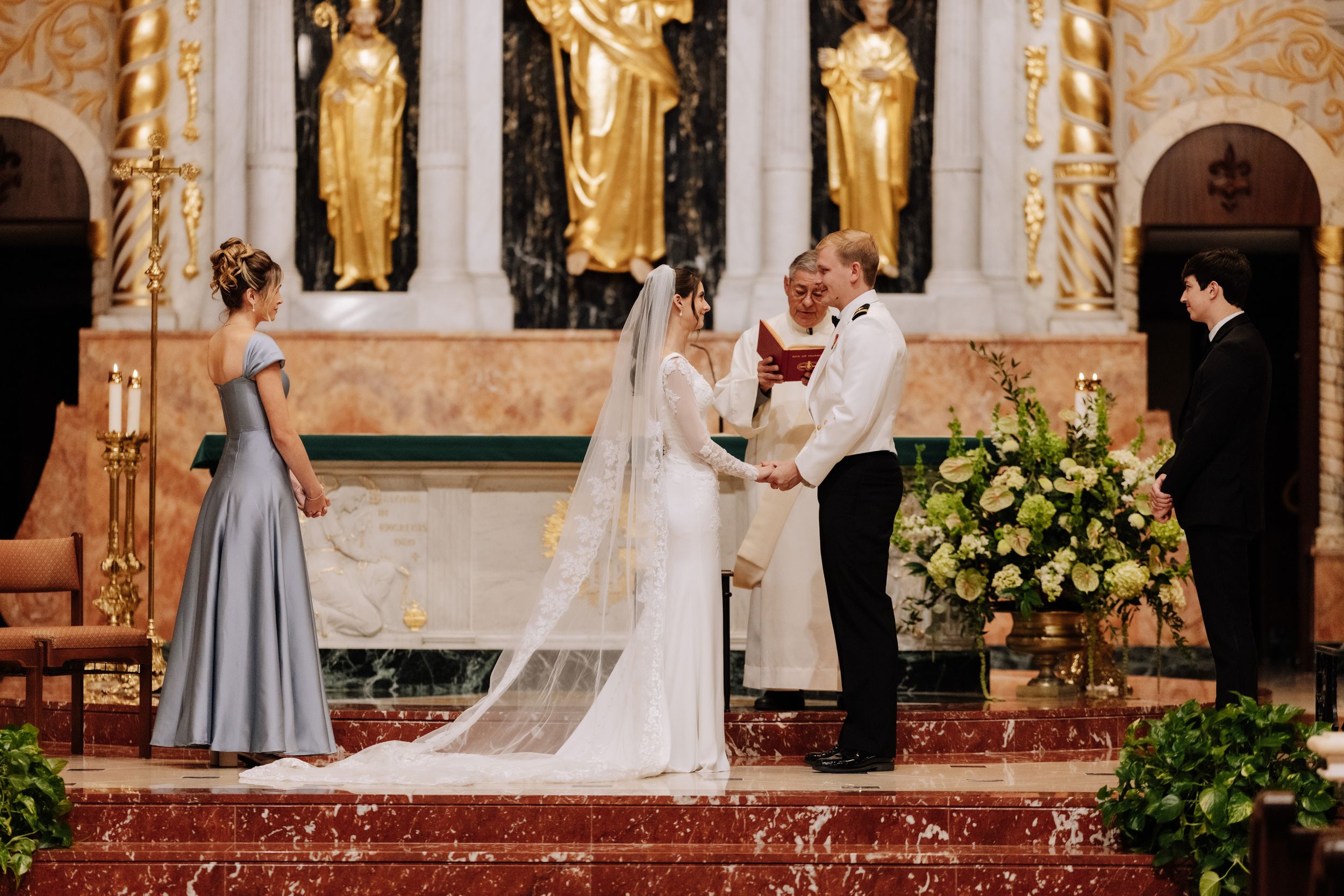 A wedding ceremony collage showing multiple moments in an ornate church with gold decor and floral arrangements.