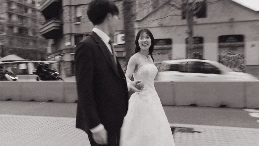 A wedding photo collage showing candid moments of a couple celebrating their special day outdoors. Couple Photoshoot Barcelona