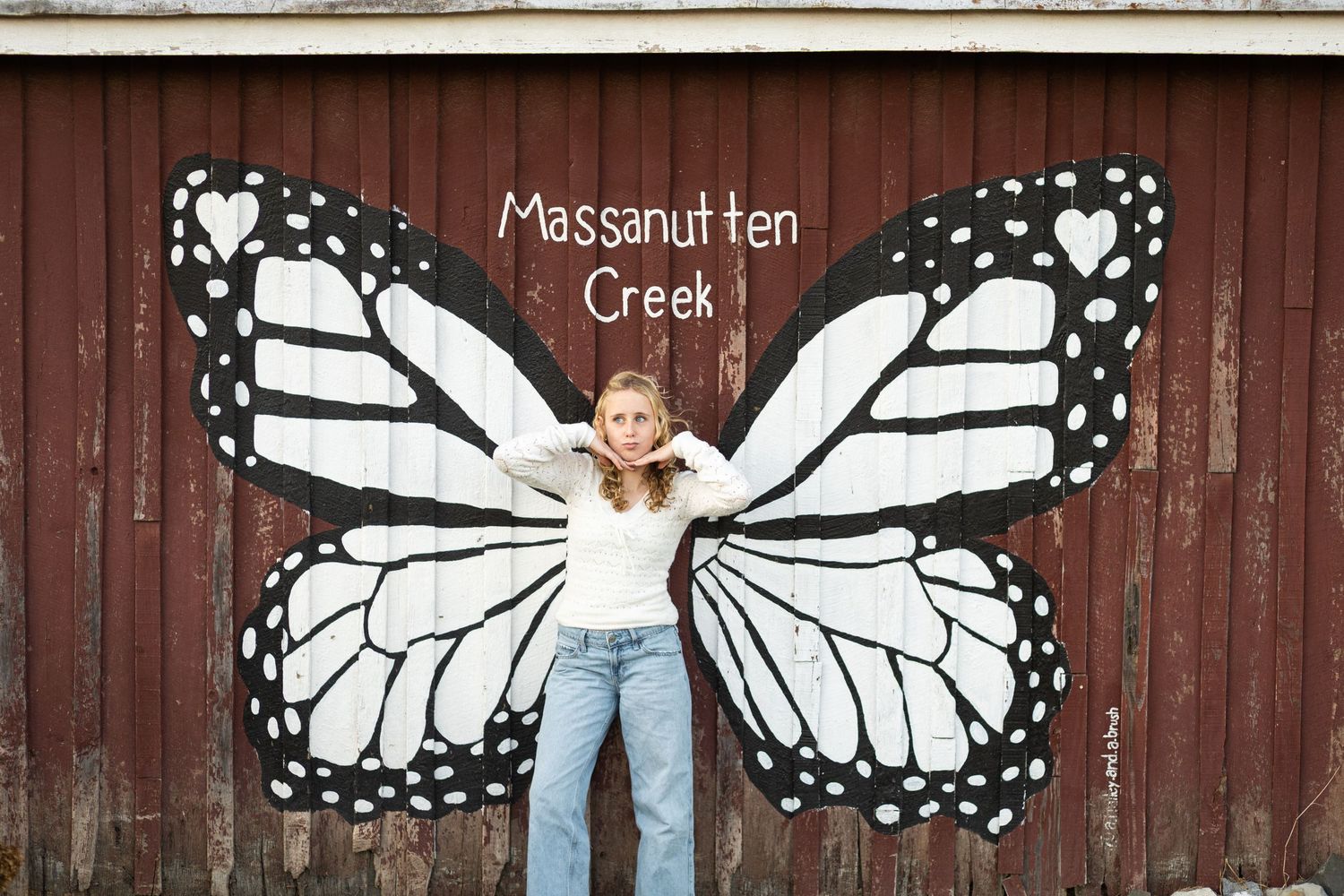 Butterfly wings painted on a rustic red barn wall create an artistic backdrop for photos.