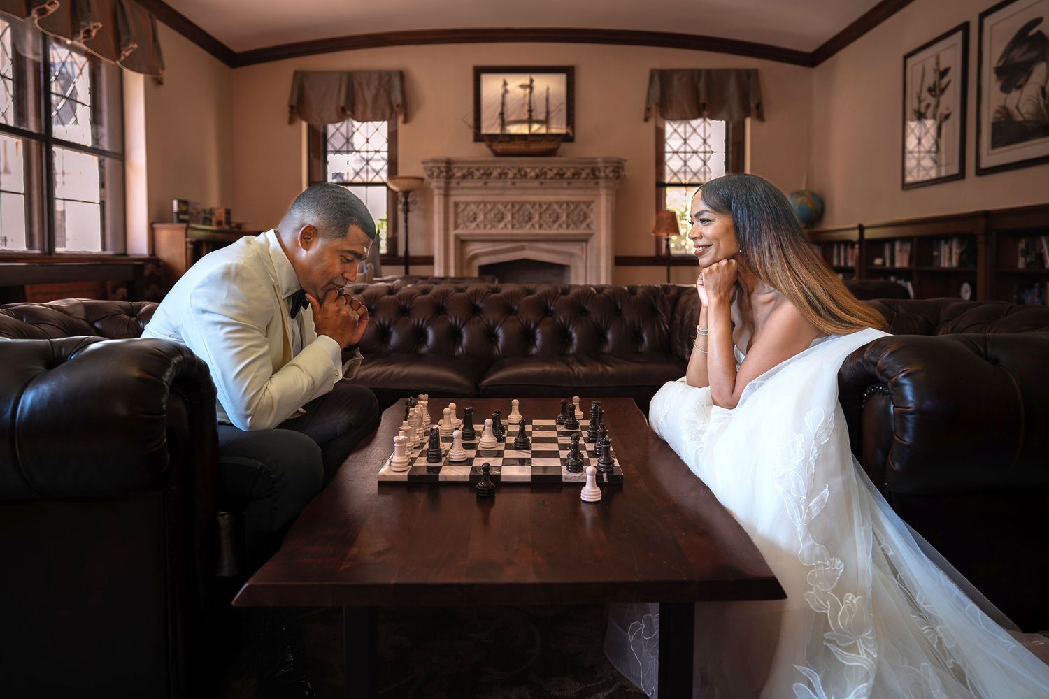 Bride and groom posing for wedding photo