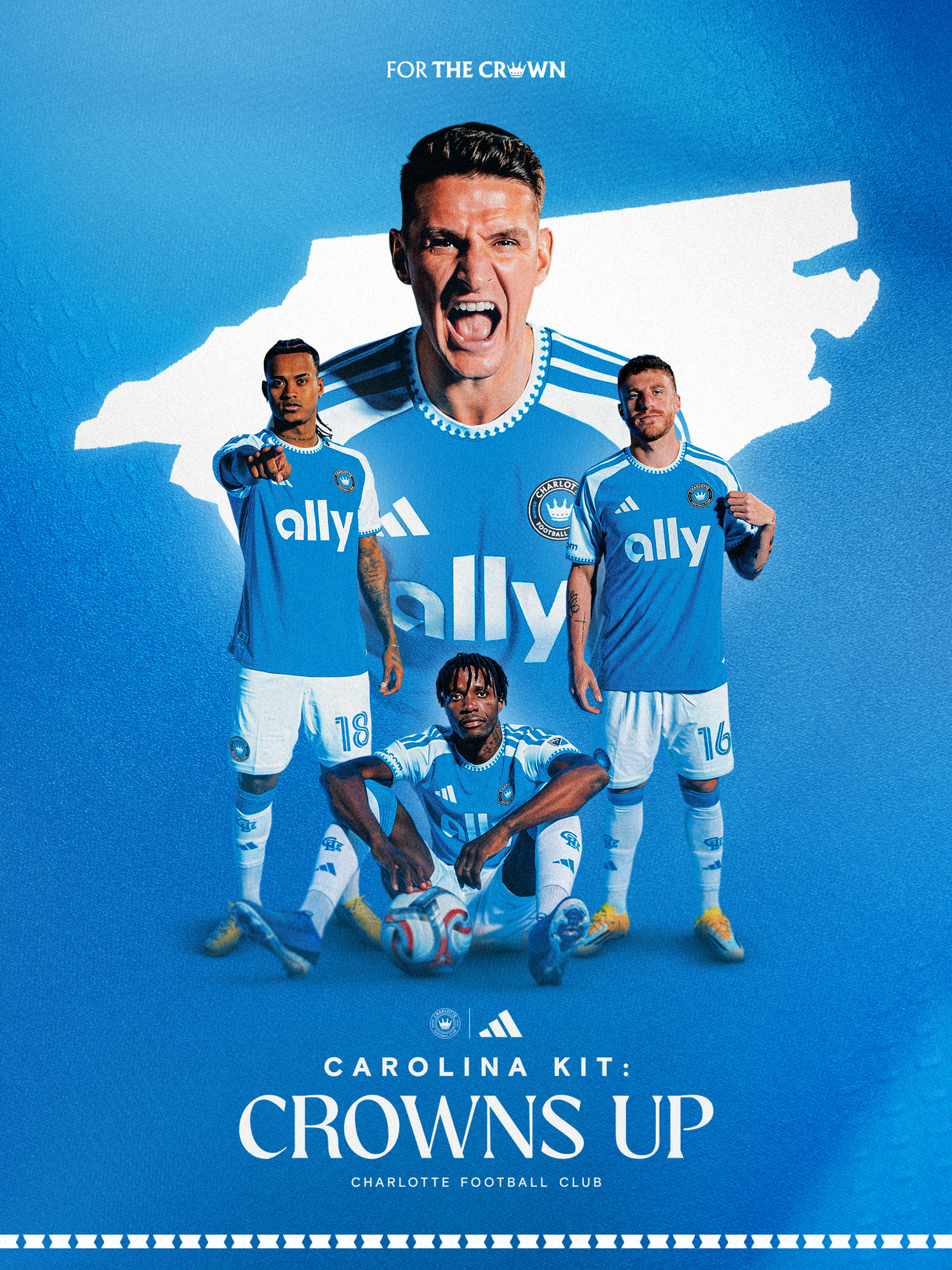 Charlotte FC players celebrate Carolina Kit Crowns Up launch in front of North Carolina state outline.