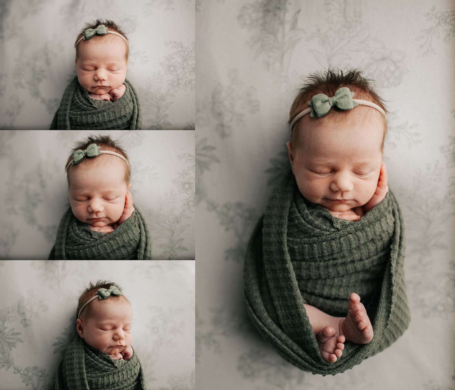 Newborn baby portraits in green swaddle and bow against textured background.