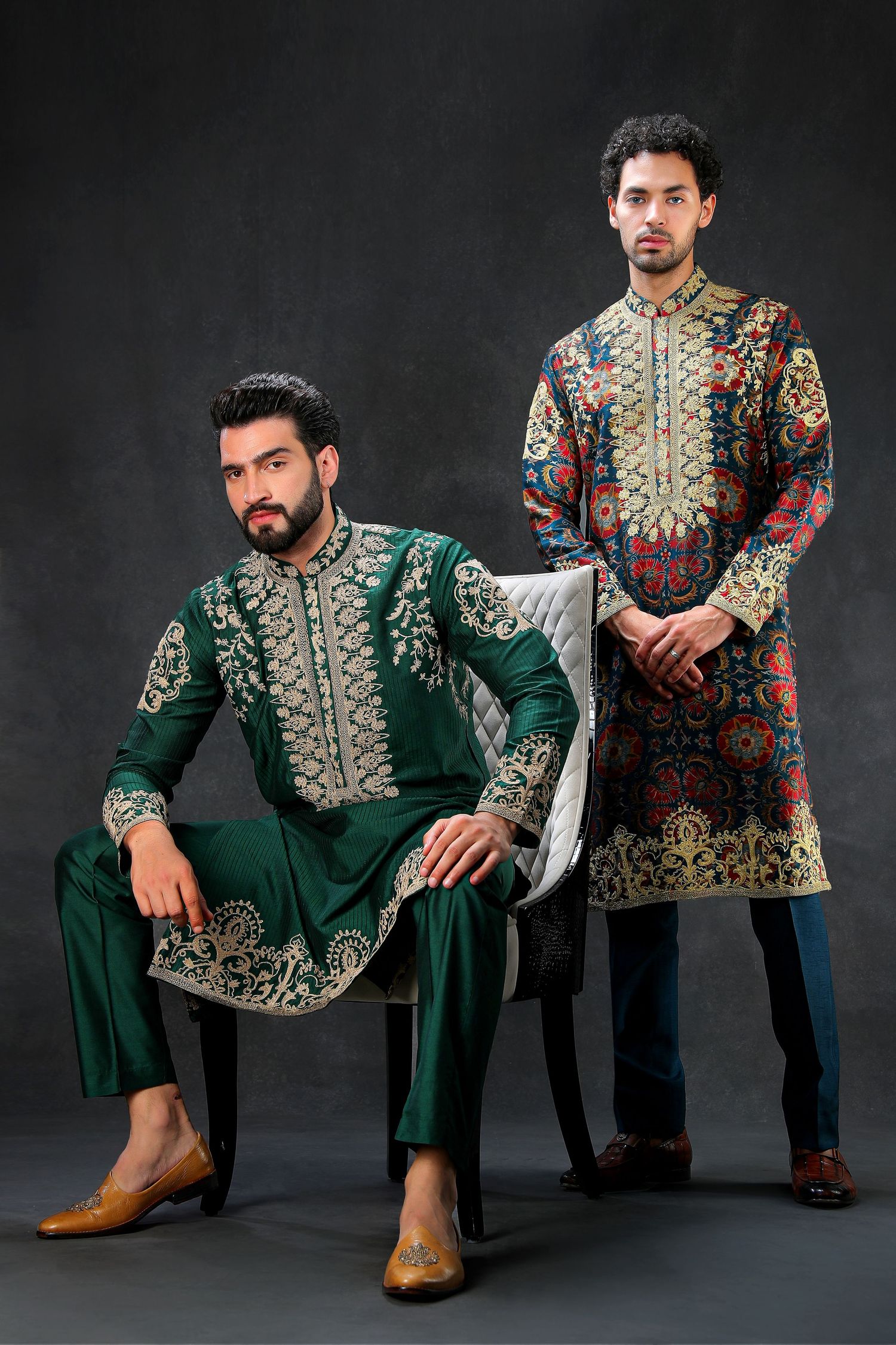 Traditional embroidered green kurta outfit with gold embellishments shown from different angles against dark background.