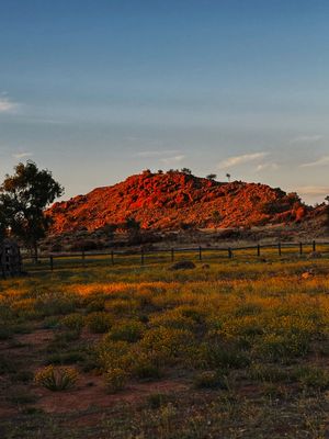 Alice Springs while the sun is setting, showing orange hills with a beautiful blue sky and desert ground