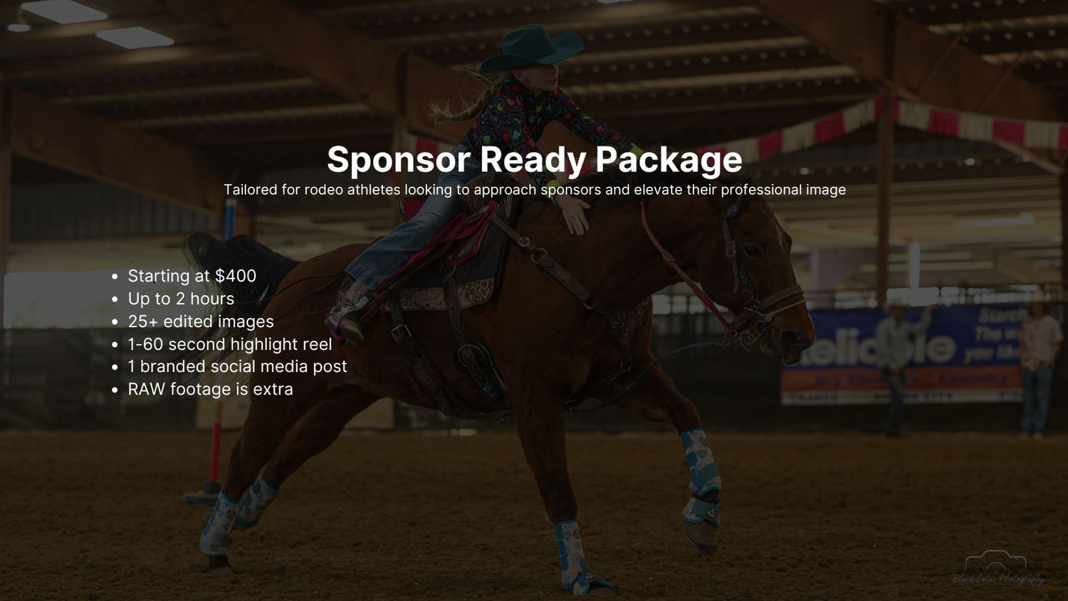 Rodeo athlete on horseback performing barrel racing with Sponsor Ready Package pricing details overlay on dark background.