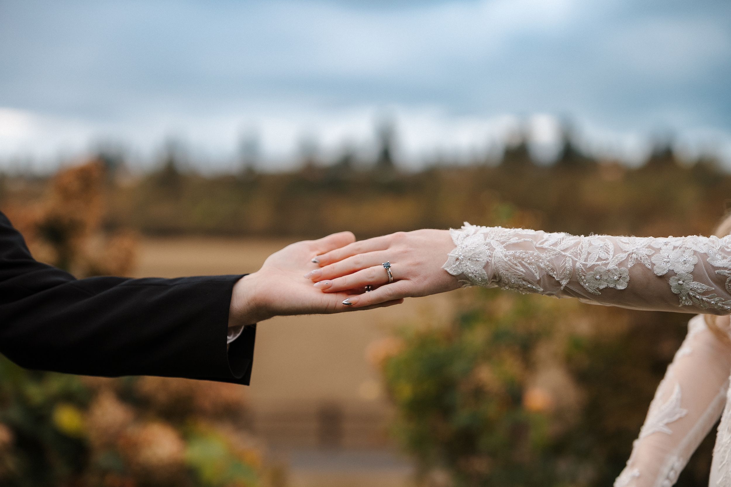 A couple in wedding attire holds hands outdoors with a scenic autumn landscape in the background.