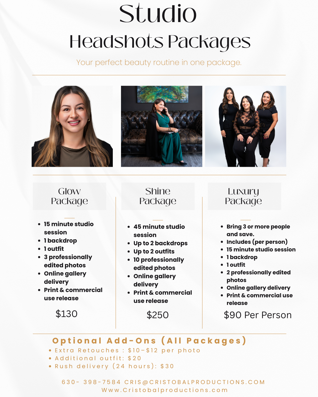 A professional photography studio pricing menu displays various headshot packages and optional add-ons with costs.