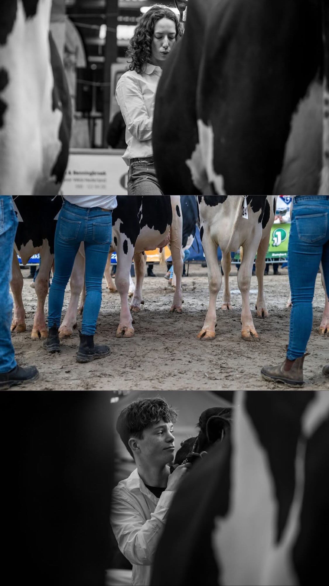 A black and white photo showing legs and feet of people standing in a crowd on a textured ground surface.