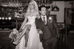 A series of black and white wedding photos showing couples in formal attire at various reception venues.