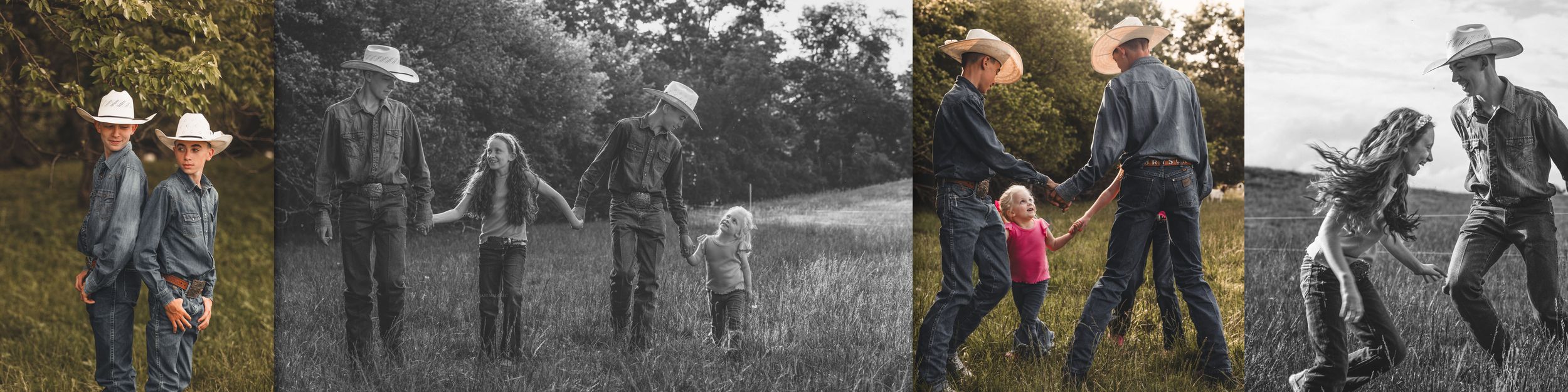 Three couples holding hands walk together through a scenic outdoor setting in a multi-generational series of photos.