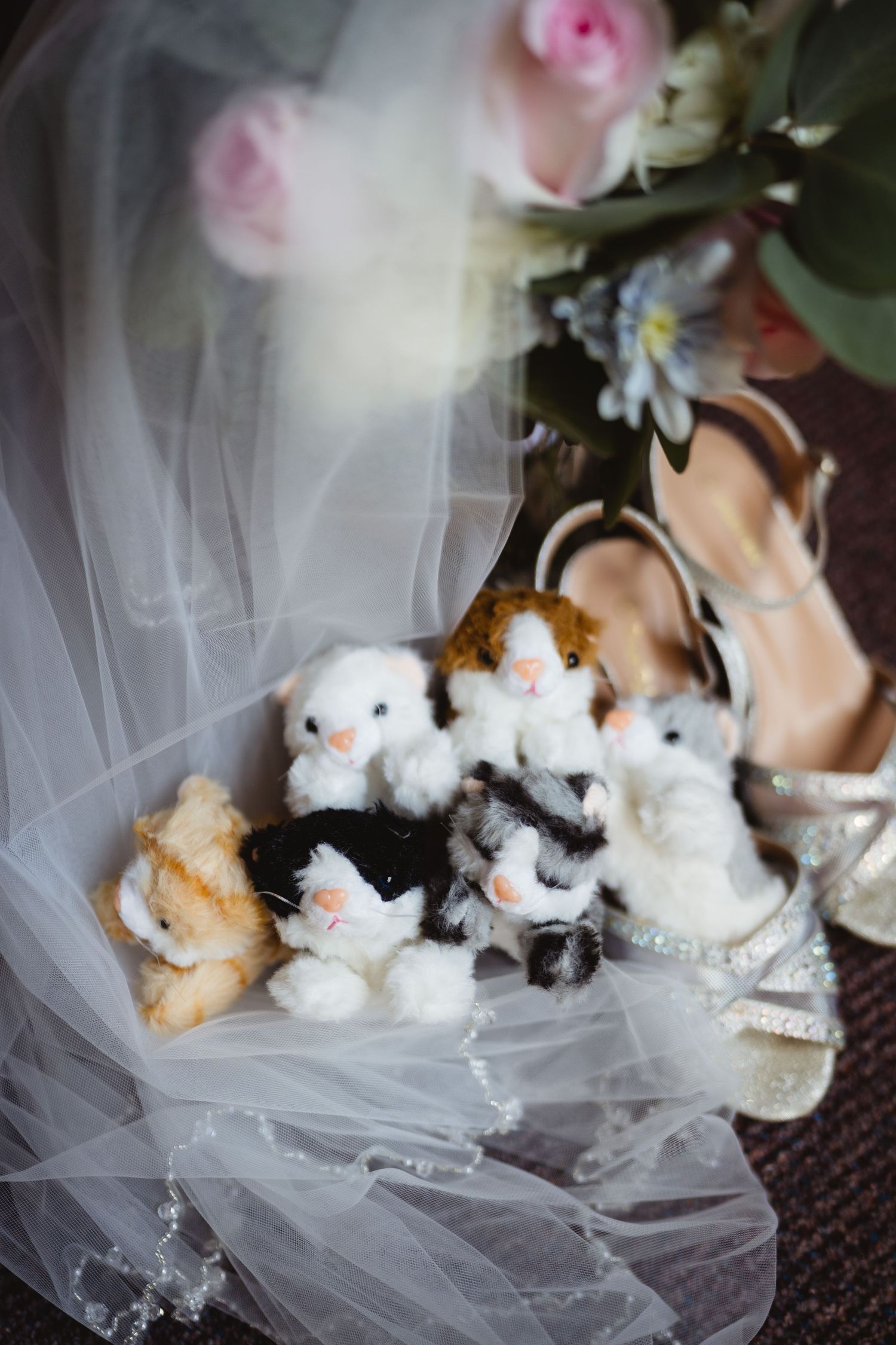 Small plush white kittens arranged on delicate tulle fabric with pink roses and flowers in the background.