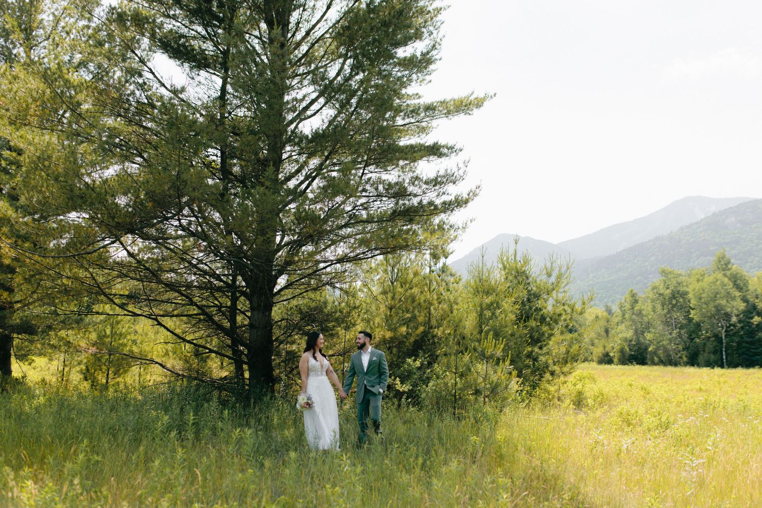 Wide landscape view of a wedding ceremony site with pine trees and mountains in the background.