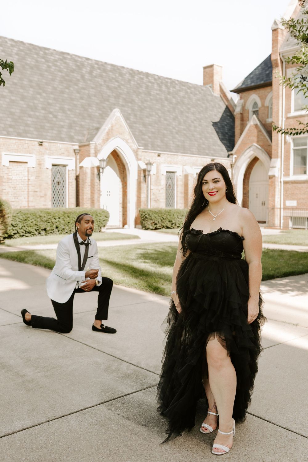 A series of casual outdoor portraits in front of a church building.