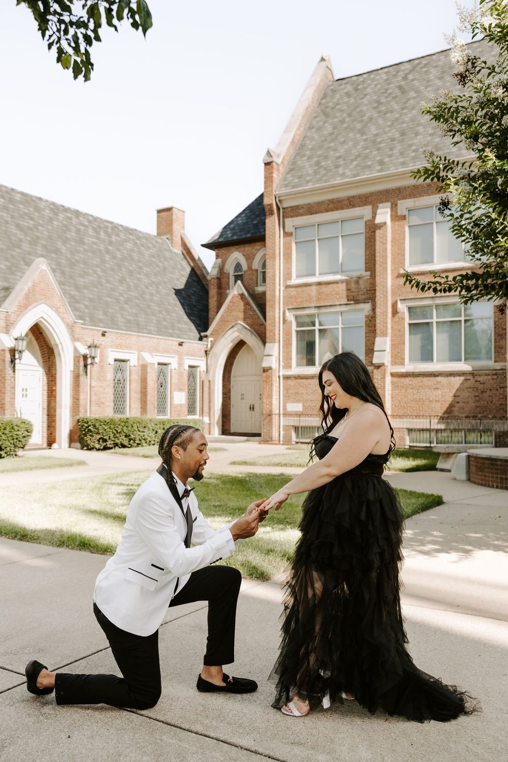 Playful photo sequence showing couple's interactions on a church sidewalk.
