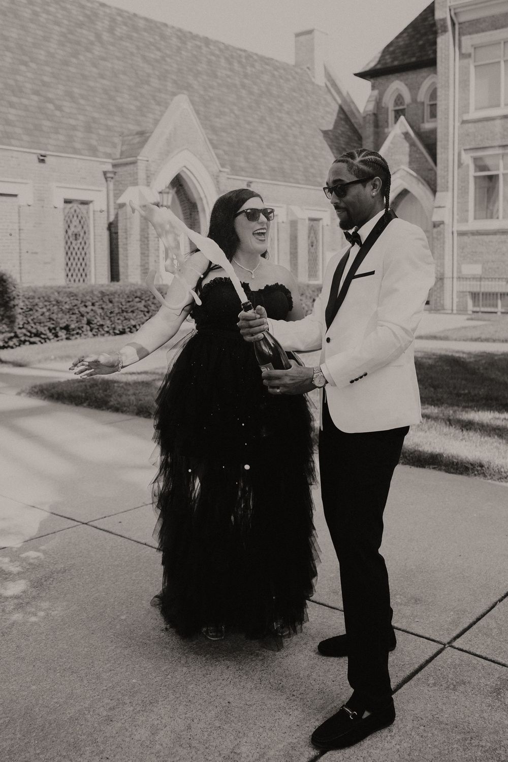 A series of candid moments captured outside a stone church building.
