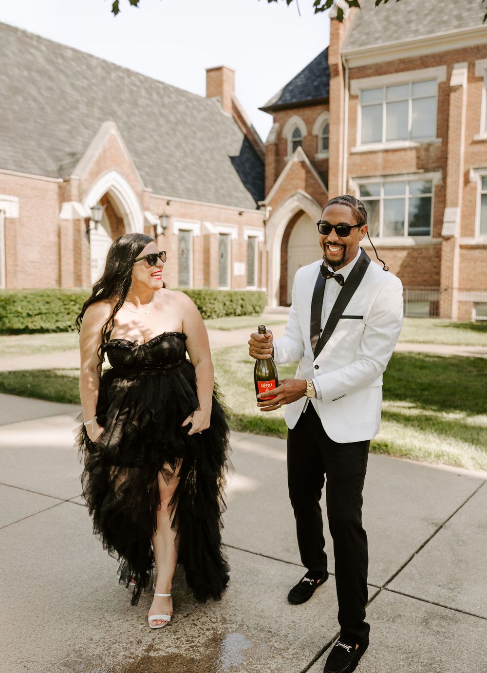 Casual outdoor photo sequence showing a couple enjoying drinks and laughter.