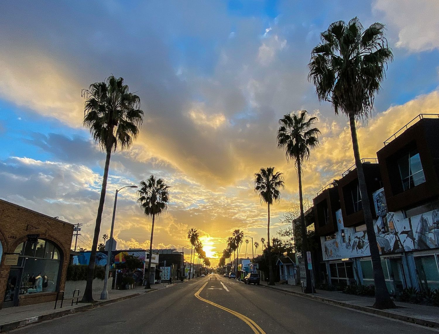Palm tree lined street in California during golden sunset with urban buildings and cloudy sky.