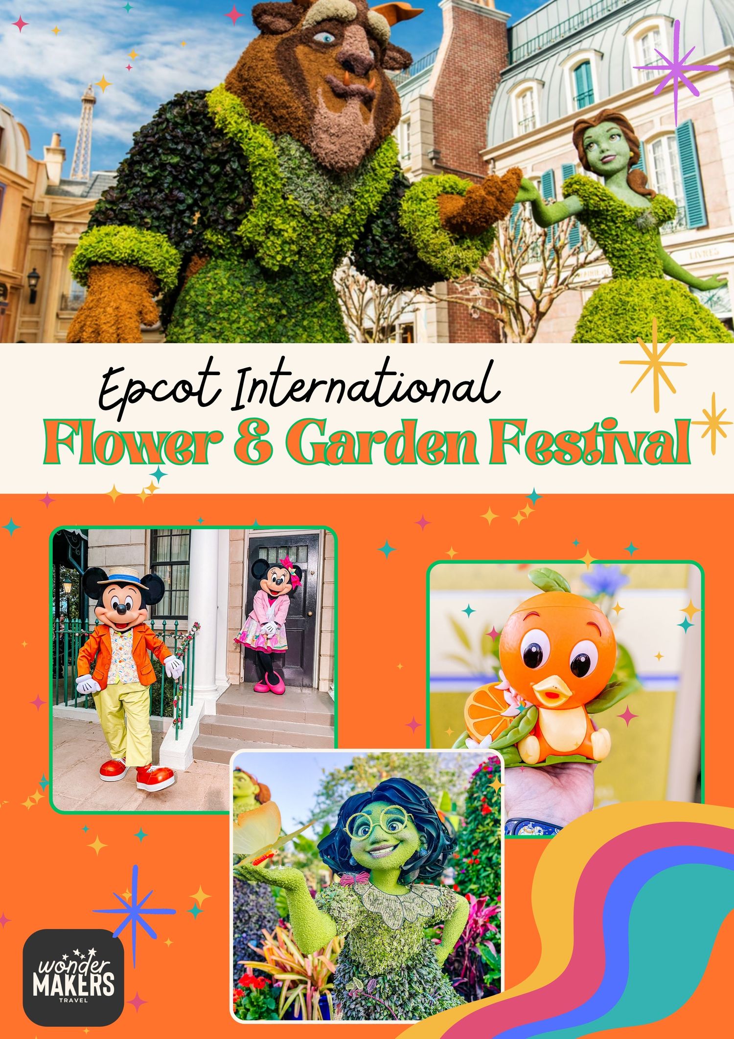 Promotional collage showing topiary displays and festival characters at Epcot's Flower & Garden Festival.